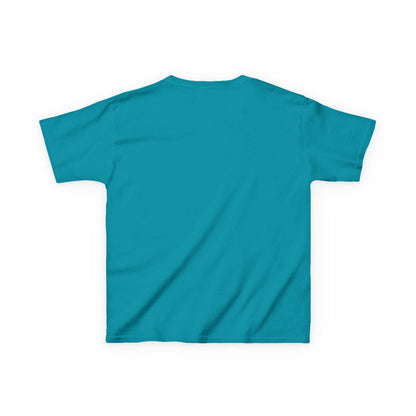 Tom Yeti Official Vitales kids heavy cotton teal t-shirt back view with durable twill tape shoulders and curl-resistant collar
