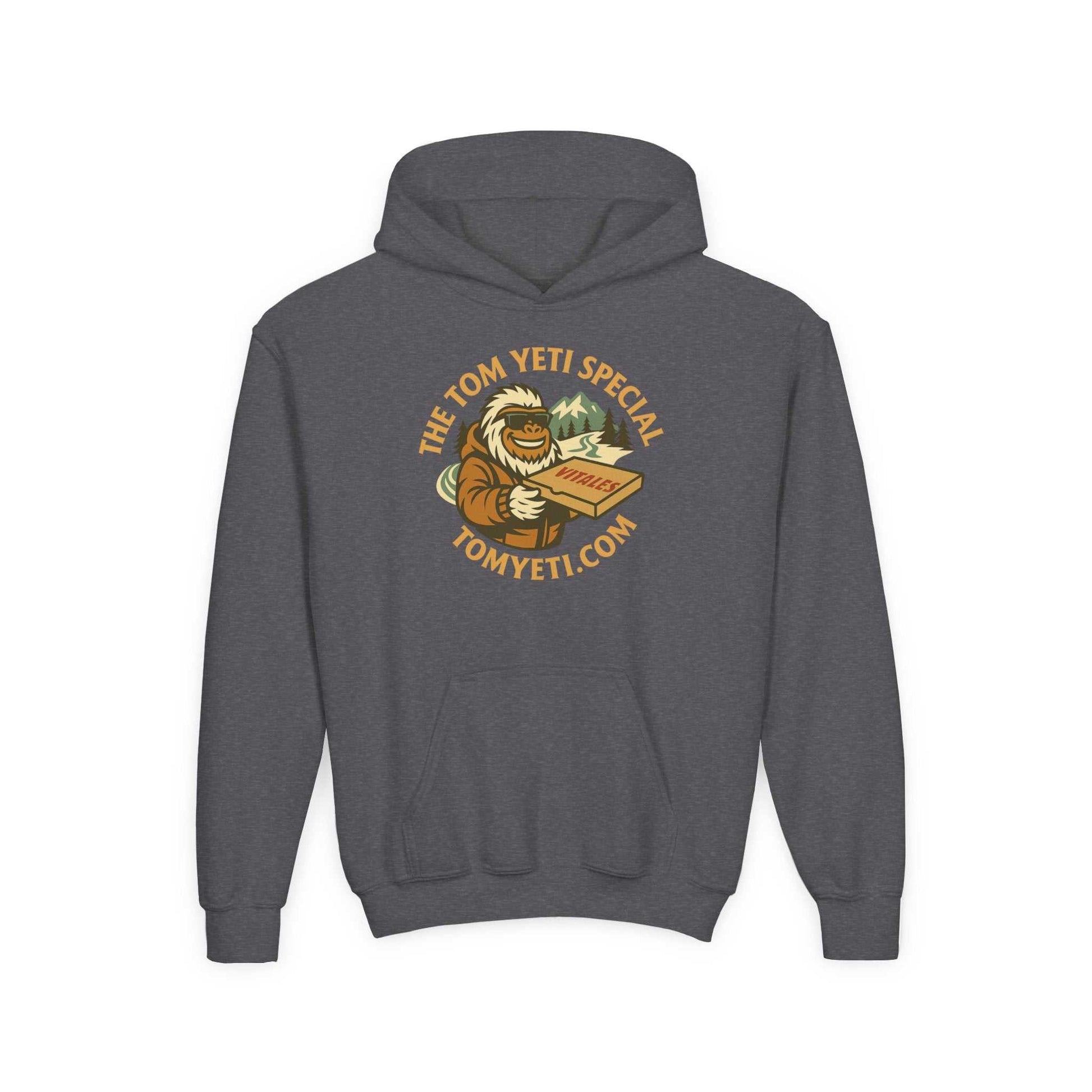 Tom Yeti Official Vitales Pizza youth grey heavy blend hoodie with kangaroo pocket and pizza graphic