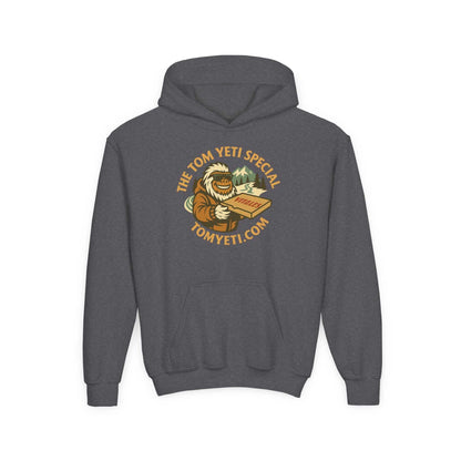 Tom Yeti Official Vitales Pizza youth grey heavy blend hoodie with kangaroo pocket and pizza graphic