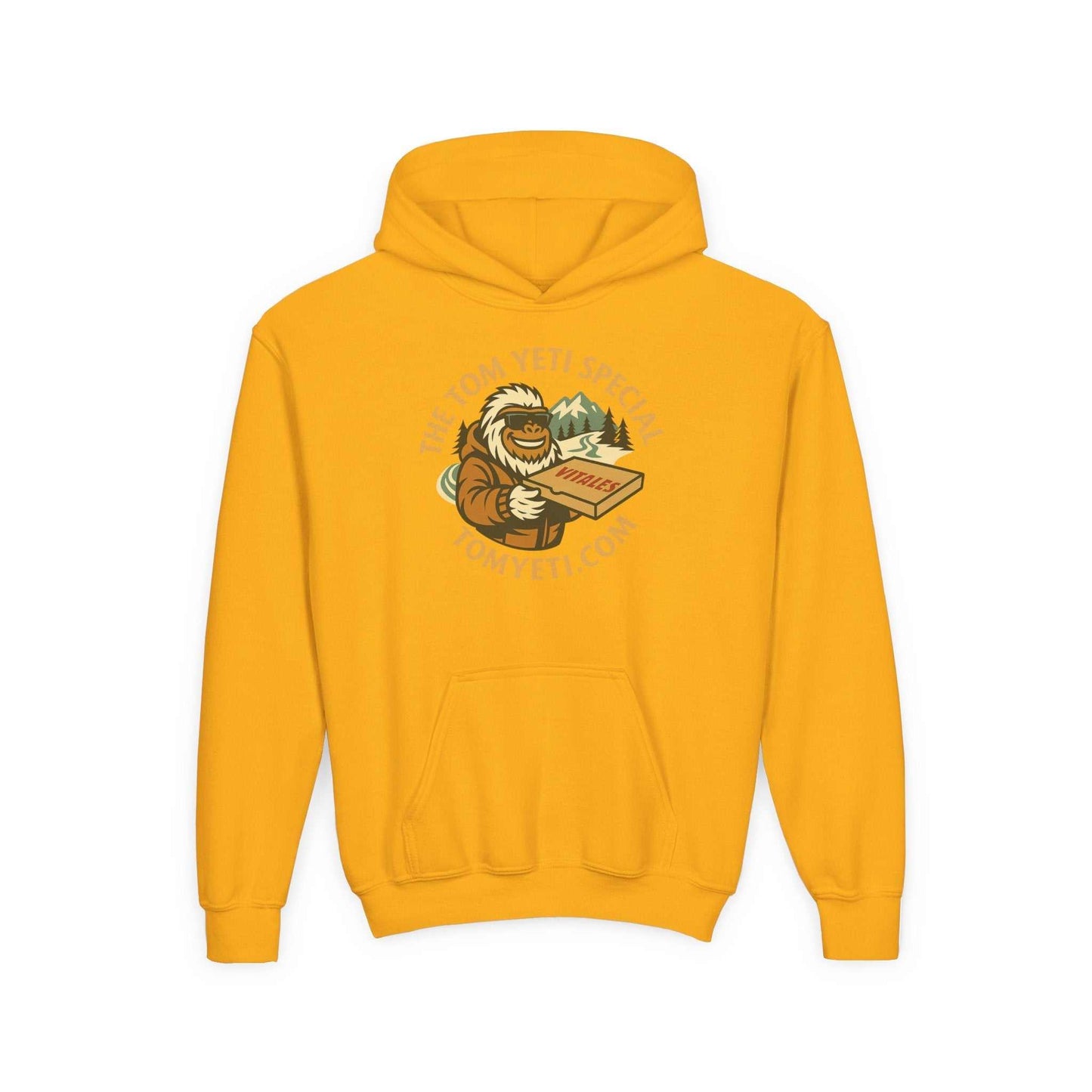 Yellow Tom Yeti Official Vitales Pizza youth hoodie with kangaroo pocket and pizza logo design