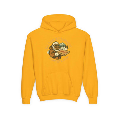 Yellow Tom Yeti Official Vitales Pizza youth hoodie with kangaroo pocket and pizza logo design