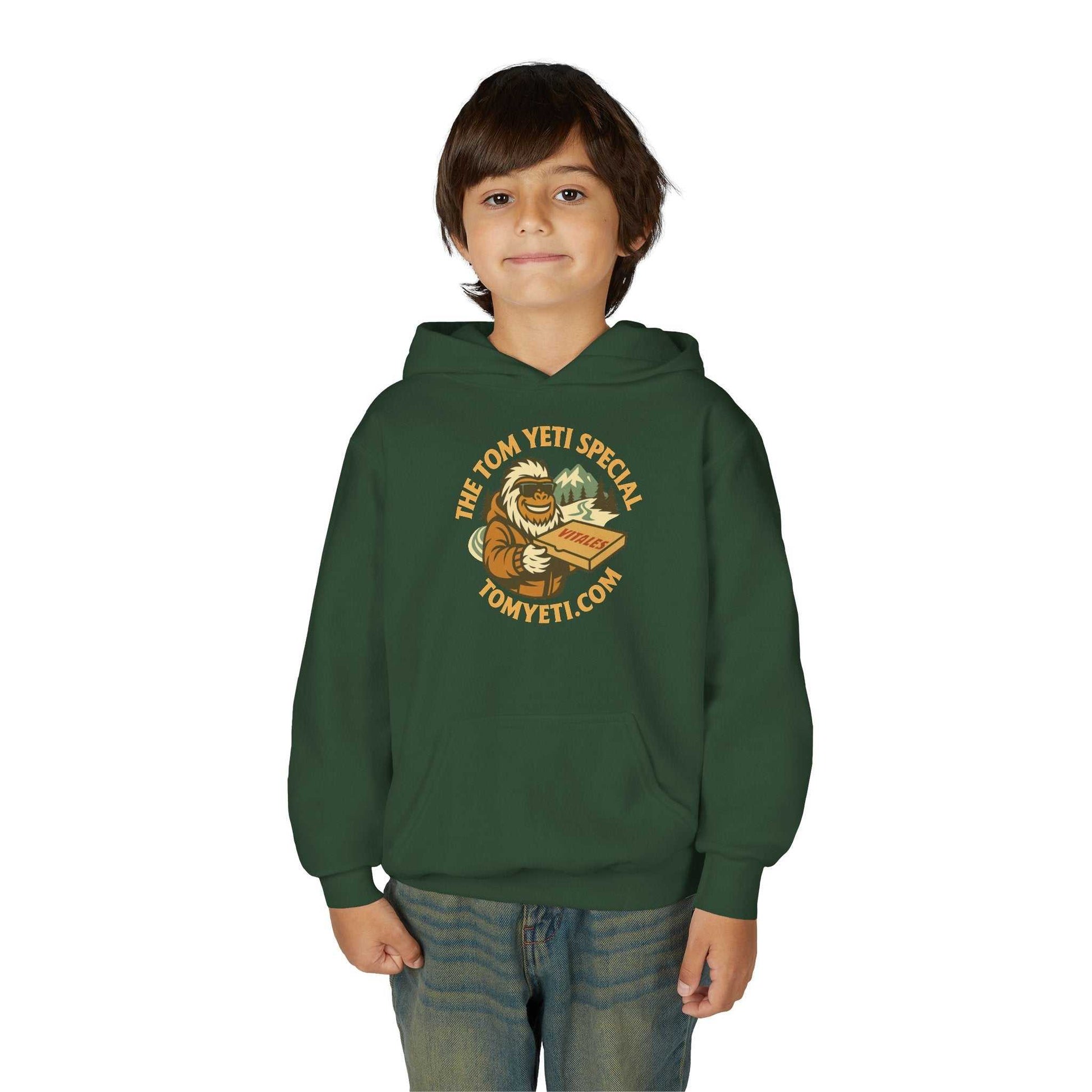 Child wearing green Tom Yeti Official Vitales Pizza youth hoodie with front pocket and playful logo design