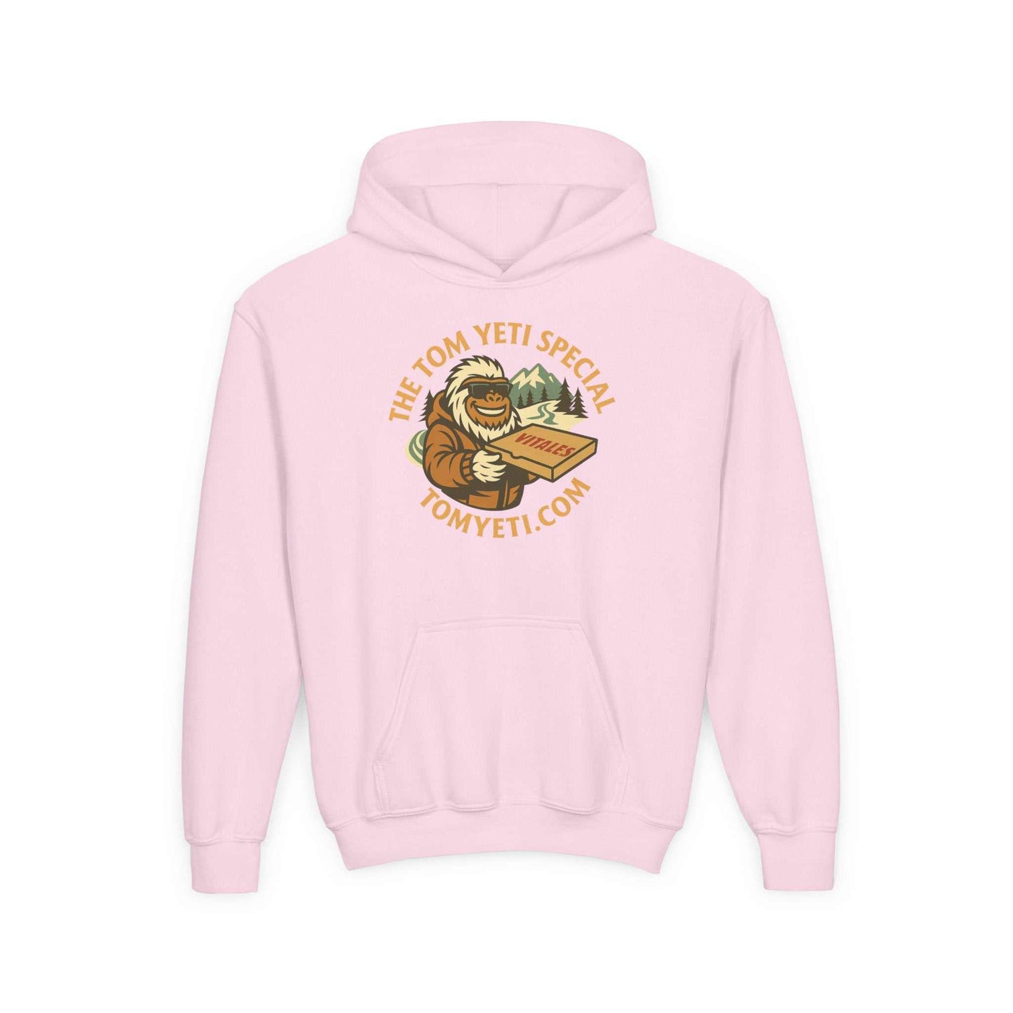Pink Tom Yeti Official Vitales Pizza Youth Heavy Blend Hoodie with kangaroo pocket and cozy cotton-poly blend
