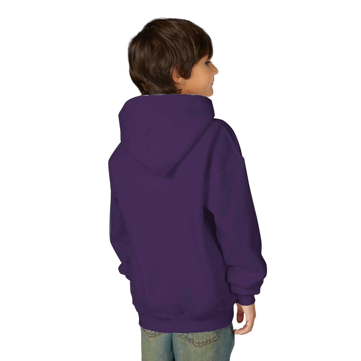 Tom Yeti youth heavy blend hoodie in purple with hood and kangaroo pocket worn by child from back view