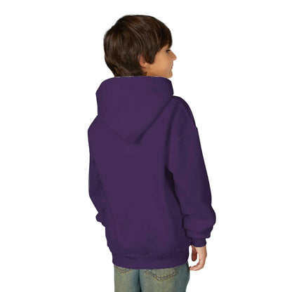 Tom Yeti youth heavy blend hoodie in purple with hood and kangaroo pocket worn by child from back view