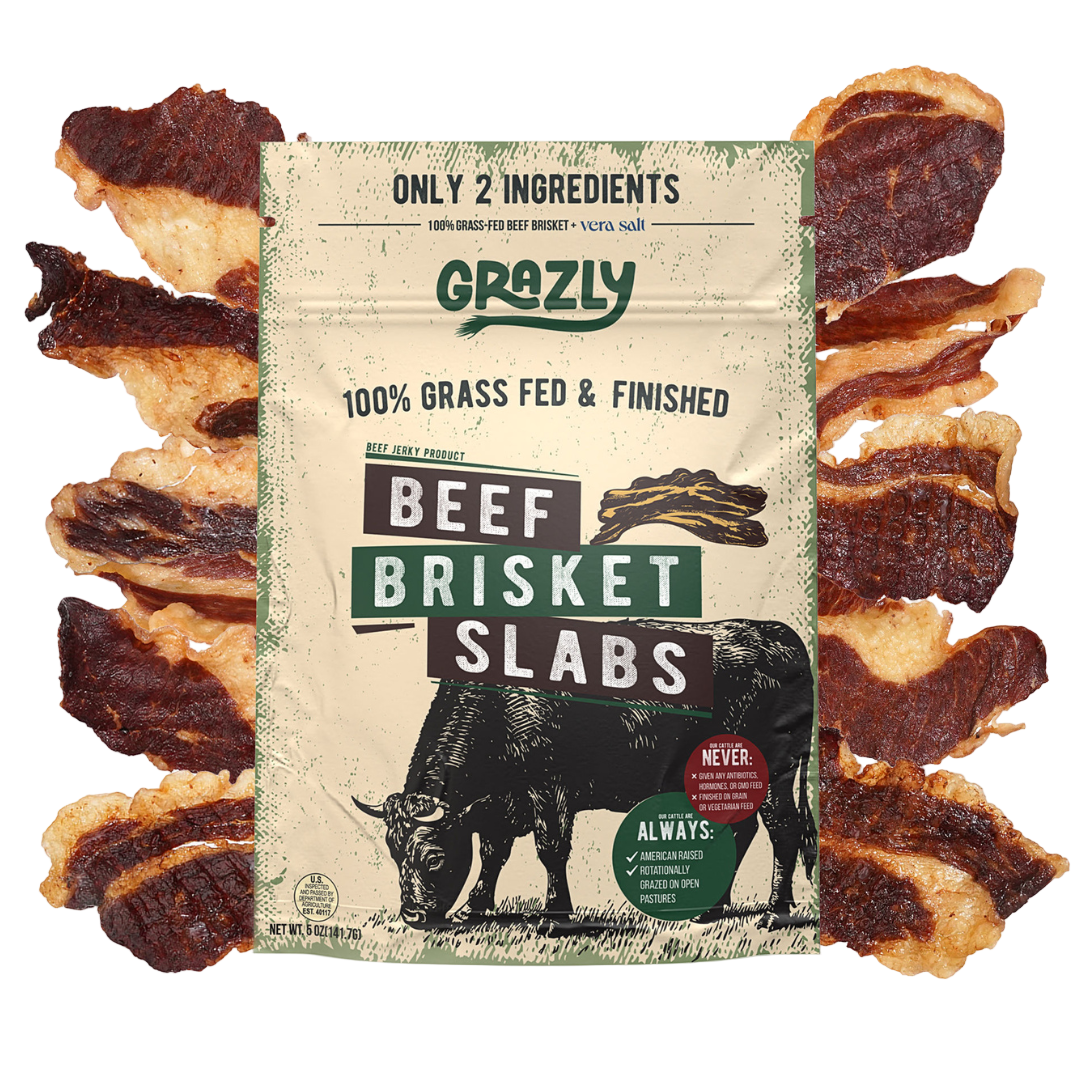 Stack of 100% grass-fed beef brisket slabs with natural marbling and rich flavor
