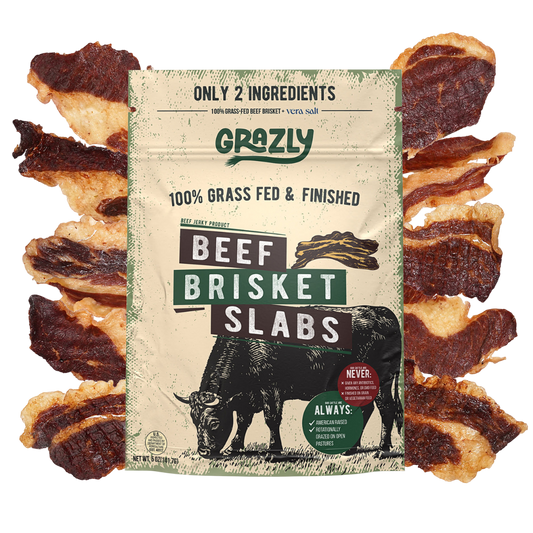 Stack of 100% grass-fed beef brisket slabs with natural marbling and rich flavor