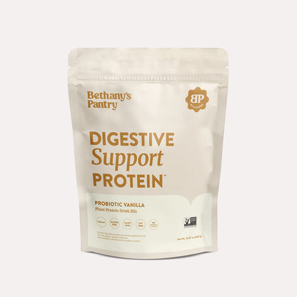 Container of Digestive Support Protein powder by Bethany Cameron promoting gut health