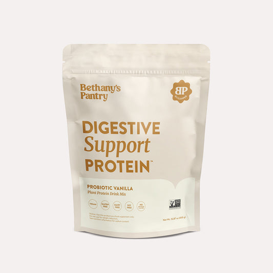 Container of Digestive Support Protein powder by Bethany Cameron promoting gut health