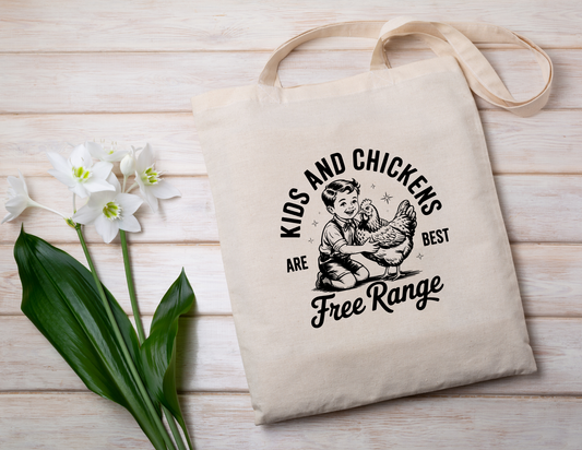 Tote bag with kids and chickens farm life design for outdoor adventures and market trips
