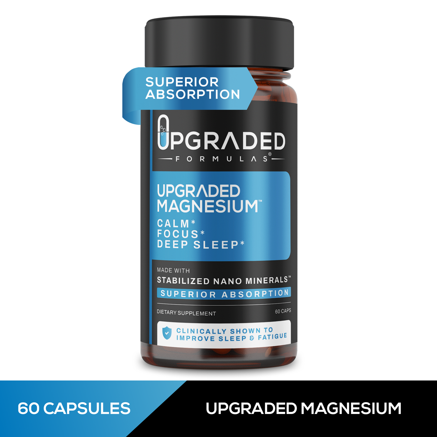 Upgraded Magnesium supplement bottle highlighting 99.99% absorption rate and improved REM and deep sleep benefits