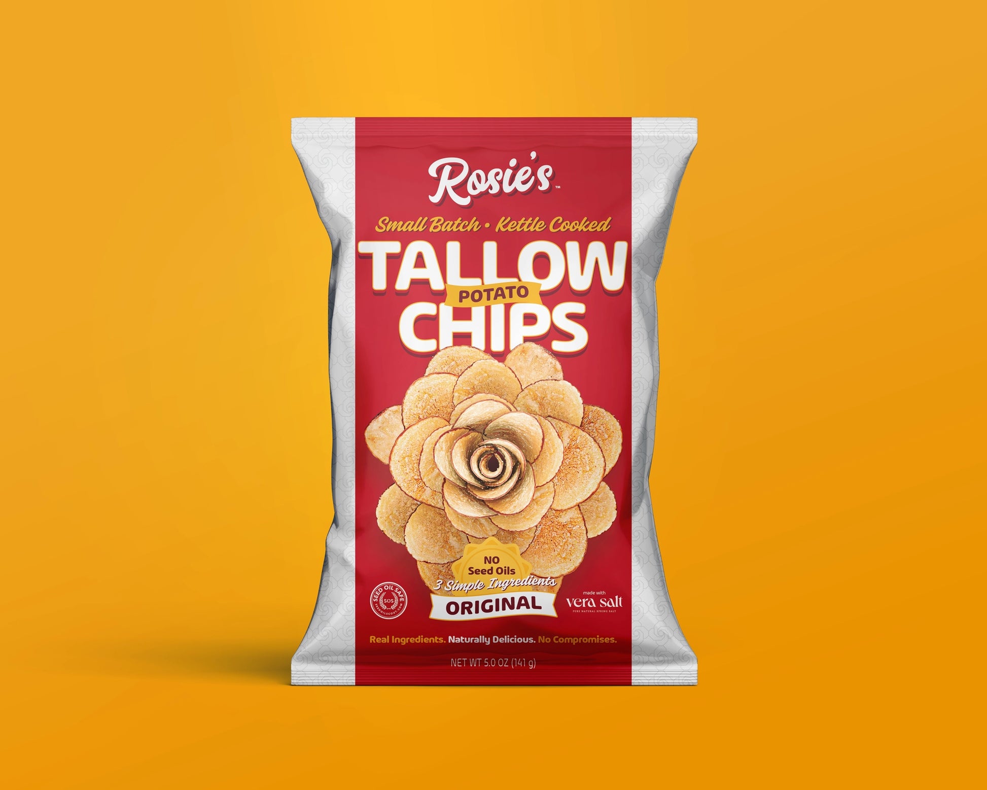 Two 5oz bags of Rosie's Chips kettle cooked with grass-fed beef tallow and sea salt