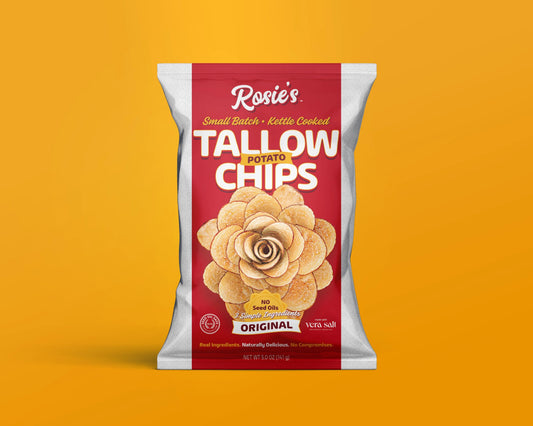 Two 5oz bags of Rosie's Chips kettle cooked with grass-fed beef tallow and sea salt