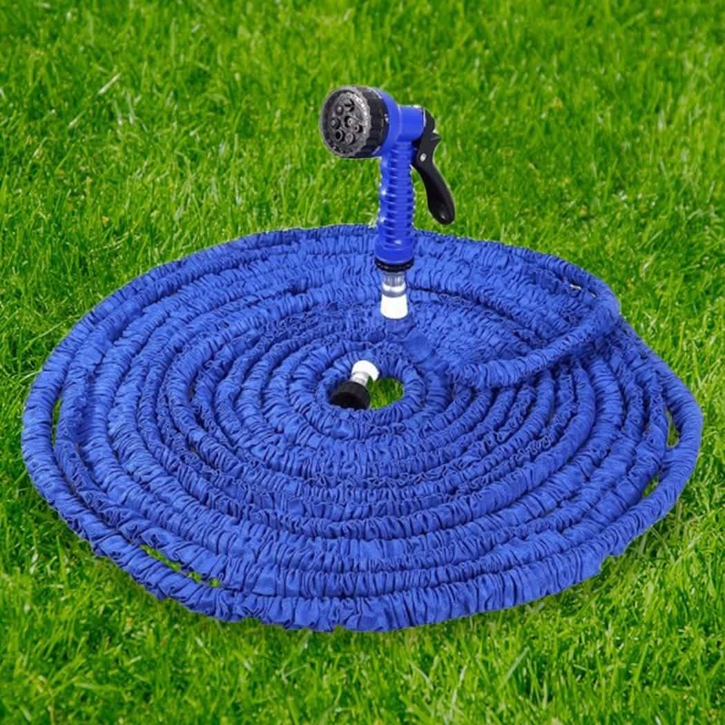 Assorted sizes of expandable collapsible garden hoses with brass valve and leak-proof connectors