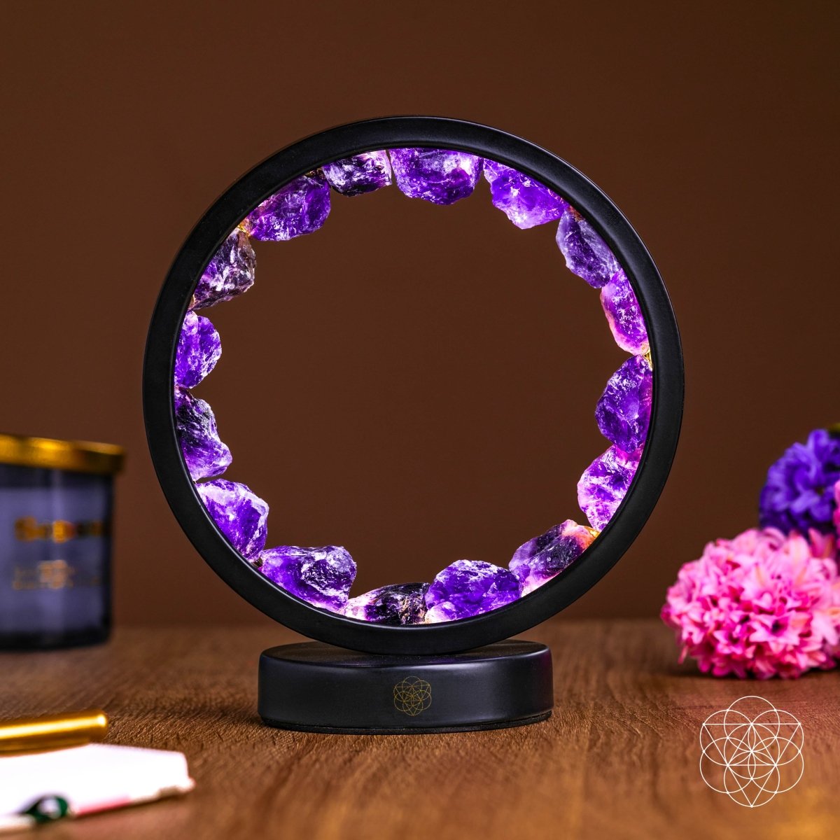 Amethyst lamp with adjustable halo light creating a peaceful spiritual ambiance