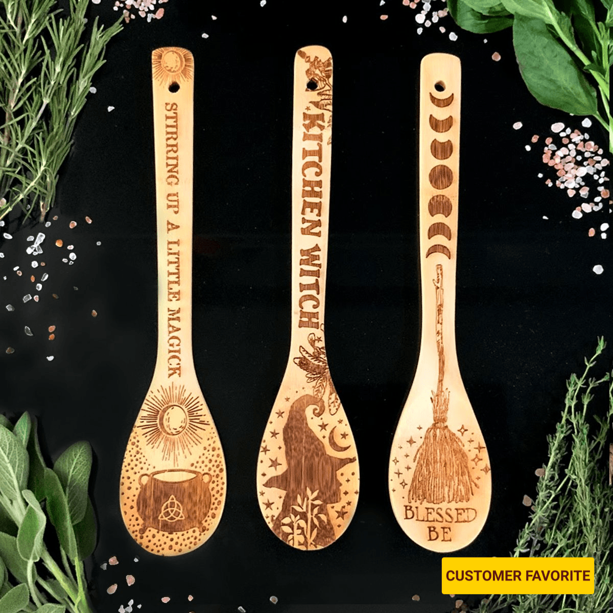 Witchy bamboo wooden spoon with laser-etched design, eco-friendly and heat-resistant for magical cooking