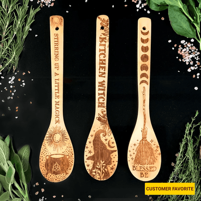 Witchy bamboo wooden spoon with laser-etched design, eco-friendly and heat-resistant for magical cooking
