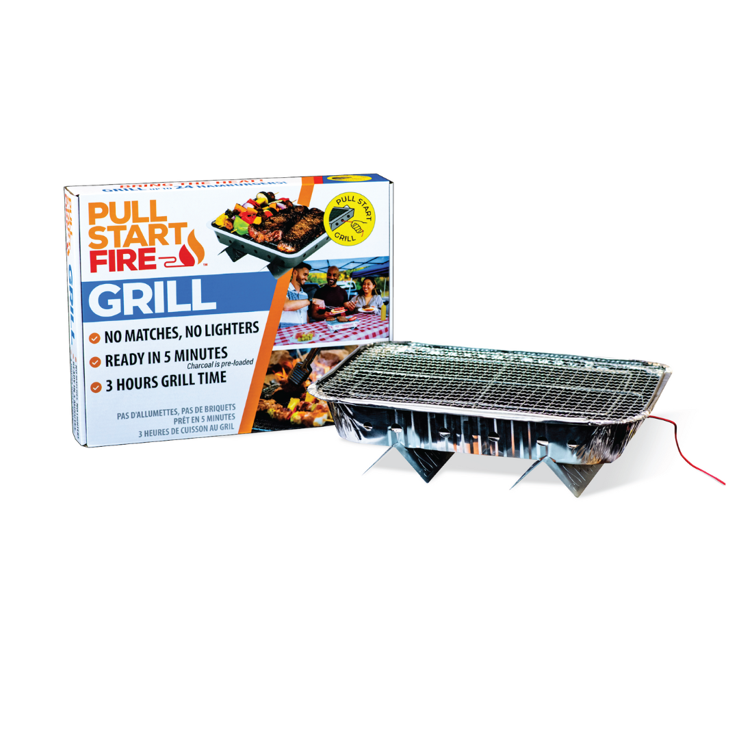 Portable Pull Start Fire Grill with matchless firestarter and eco-friendly disposable design for easy outdoor grilling