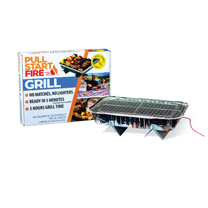 Portable Pull Start Fire Grill with matchless firestarter and eco-friendly disposable design for easy outdoor grilling