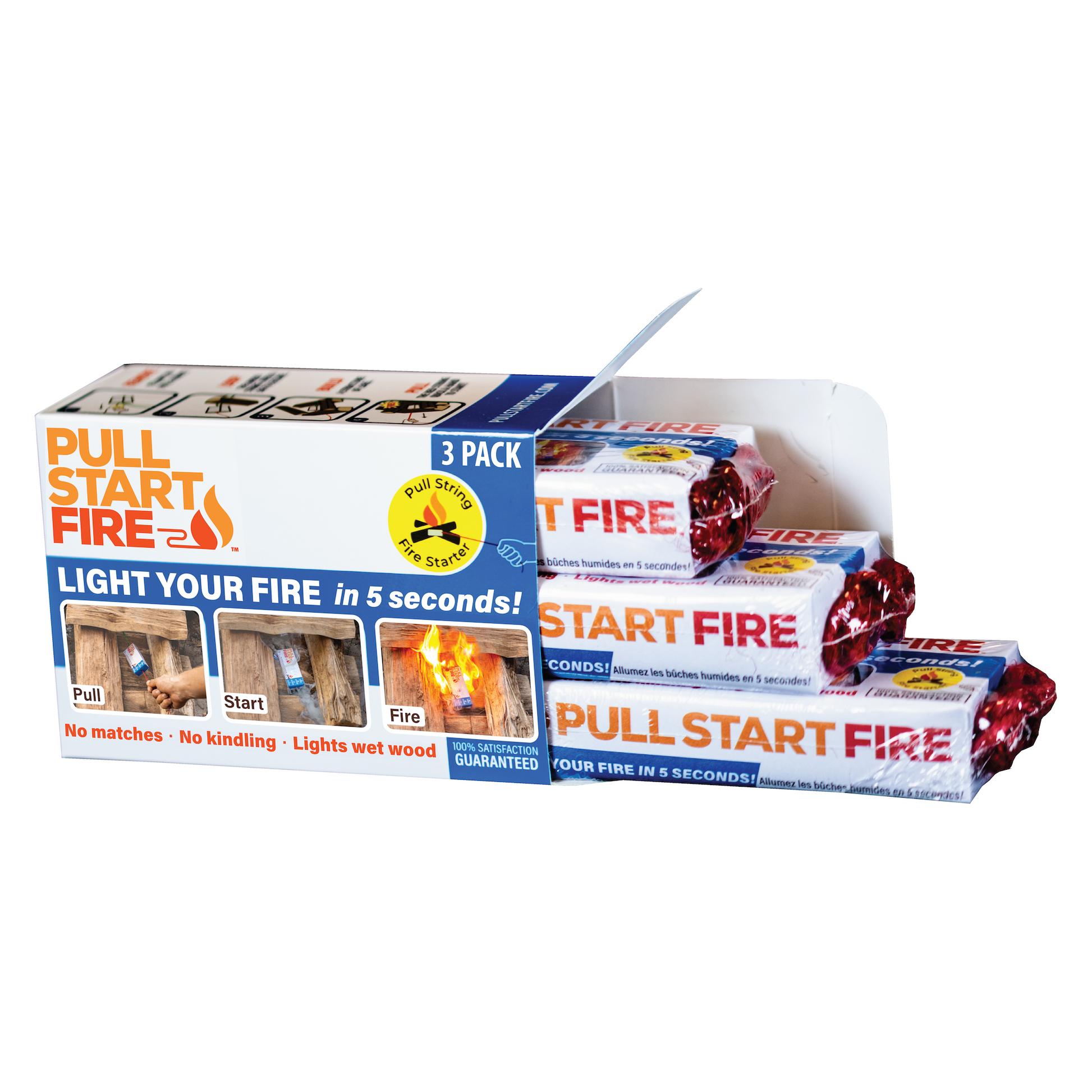 Compact Pull Start Fire firestarter for camping and emergency use, lights wet wood without matches